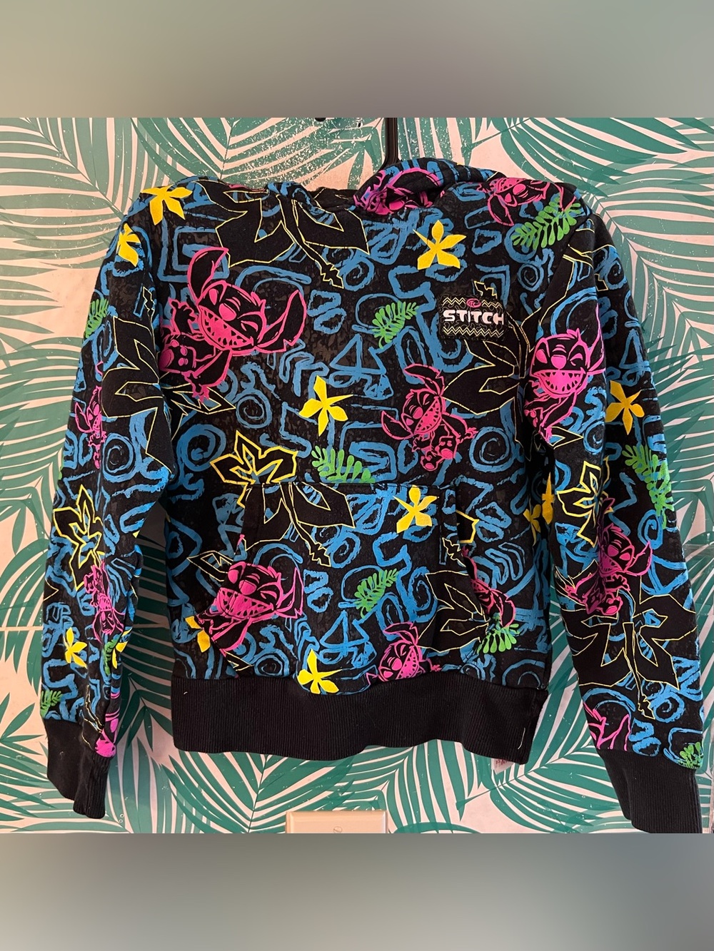 Disney Parks Black Lilo & Stitch Neon Floral hoodie sweatshirt sz 4 & 5/6 unisex